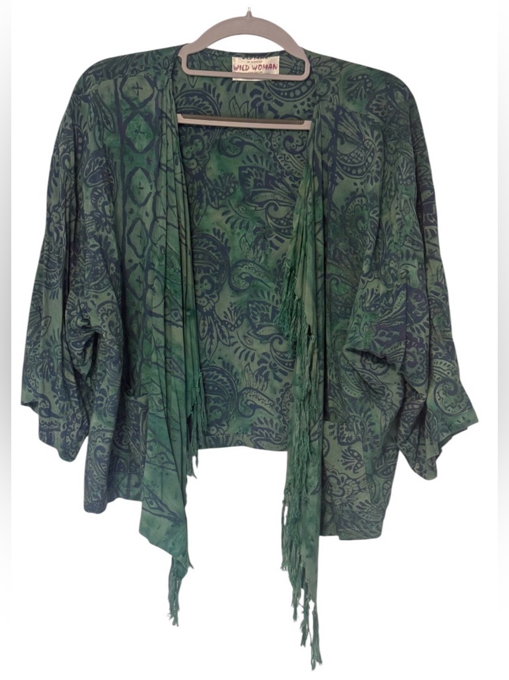 Wild Women Rayon Green Paisley Fringe Open Front Cropped Kimono Cardigan